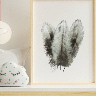 a modern background with a framed minimalist digital print of three grey feathers