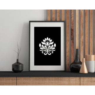 a living room mockup featuring a black and white abstract digital photo floral print on a wall