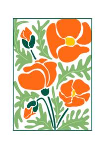 a minimalist digital print of orange poppy flowers with green stems and a green border