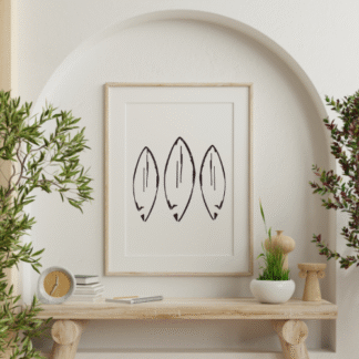 a modern background with a framed digital print of three line drawn surfboards