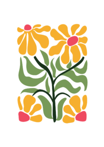 a minimalist digital print of yellow flowers with pink centers and green stems