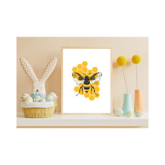 a modern background with a yellow honeycomb bee print in a frame