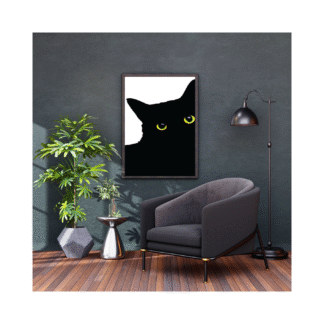 a clean modern background with a framed digital art print of a cute black cat with yellow and green eyes