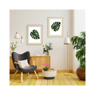 a modern background with a framed green tropical leaf