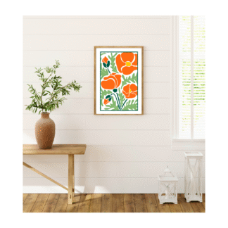 a modern background with a framed minimalist digital print of orange poppies with green stems