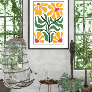 a modern background with a framed minimalist digital print of yellow flowers with green stems