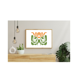 a modern background with a framed minimalist digital print of orange flowers with green stems
