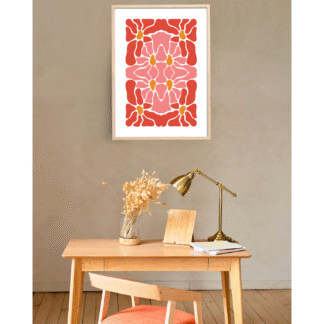 a modern background with a framed minimalist digital print of pink and red flowers