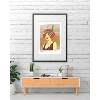 a digital print of a bohemian woman with a green feather headdress