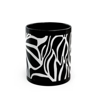 Modern Monochrome Leaf Design Black Mug - Stylish Coffee Cup (11oz)