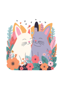a cute bunny and shy cat snuggle in a spring garden