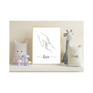 a sentimental and touching digital print of a parent and child holding hands with the word 'love' in cursive font