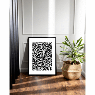 a modern design of a black fern leaf on a white background