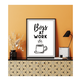 a fun digital print that reads 'boss at work' in black type on a white background