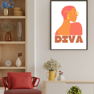 a refreshingly bold digital art print of a diva in pink purple and yellow colors