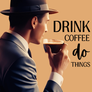 a vintage digital print of a man in a hat drinking coffee